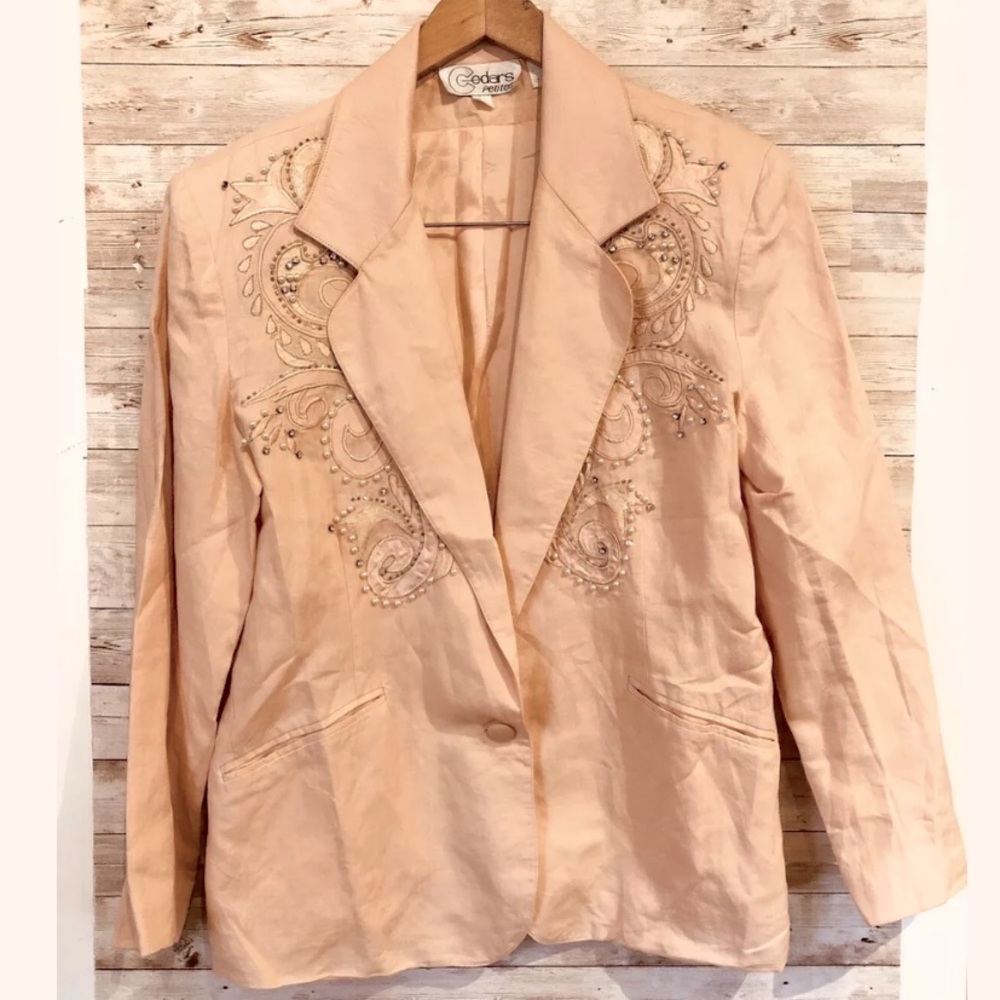 Vintage Jeweled Linen Leather Pink Blazer Petite M